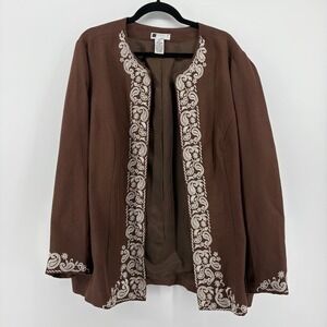 Carole Little Woman Brown Embroidered Linen Blend Blazer Jacket 20W